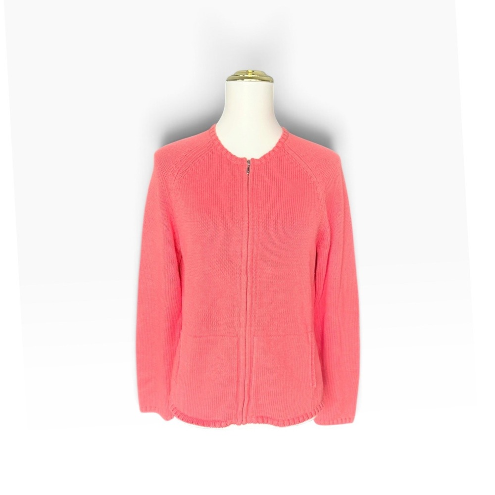 Vintage Lands End Cardigan S 80s 90s Coral Cotton Zip Sweater Made Japan